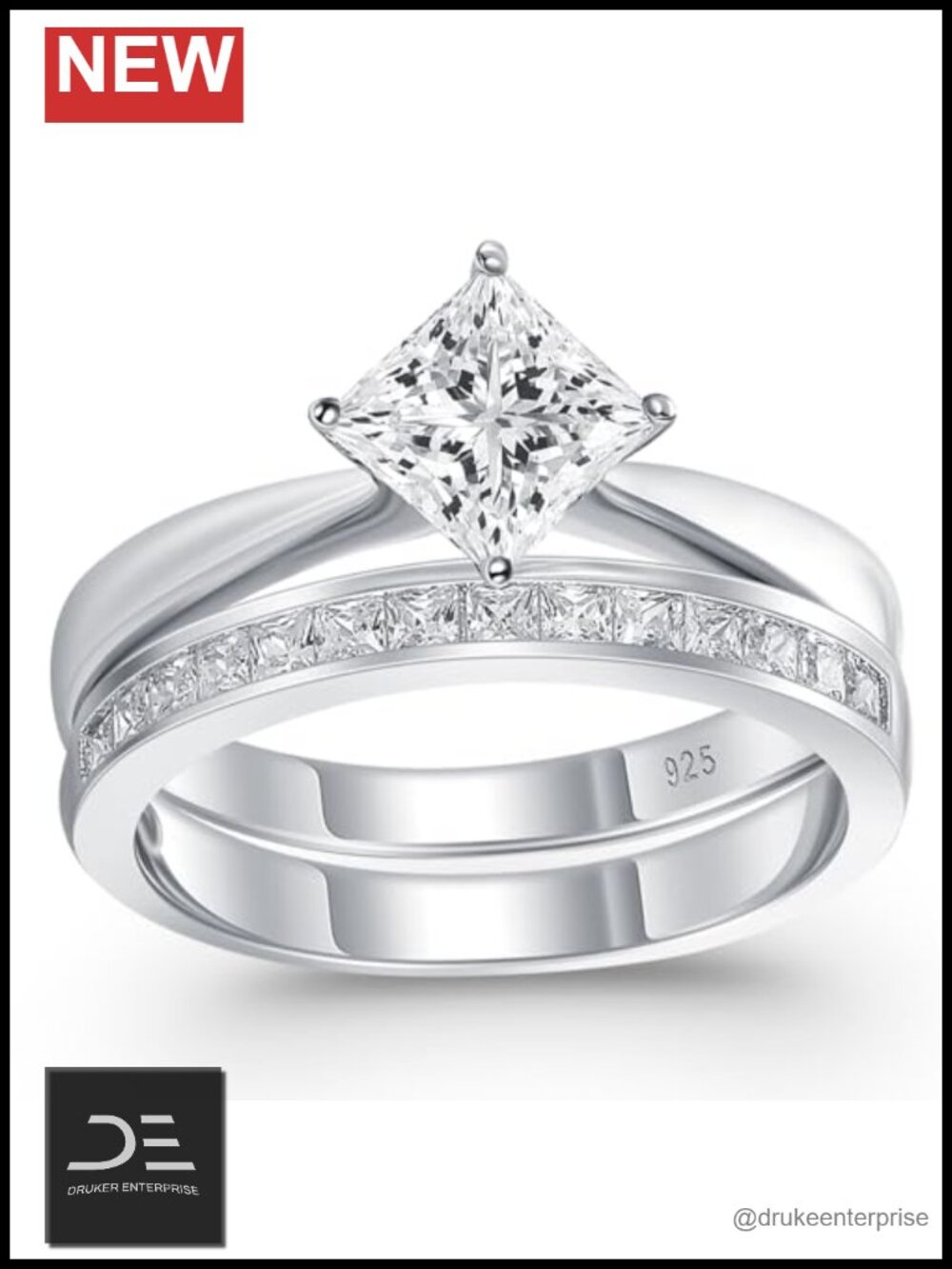 Sterling Silver Cubic Zirconia Wedding Ring Set Princess Cut Bridal Set